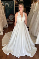 Ivory Satin Deep V-neck Wedding Dresses With Pockets, Bridal Gowns